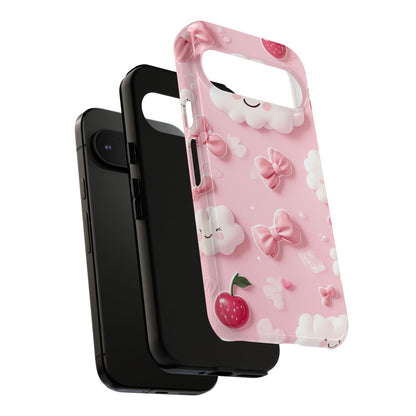 Cute Pink Kawaii Cloud and Cherry Phone Case - Tough Dual-Layer Cover with 3D Bows for iPhone 17, Samsung Galaxy & Pixel