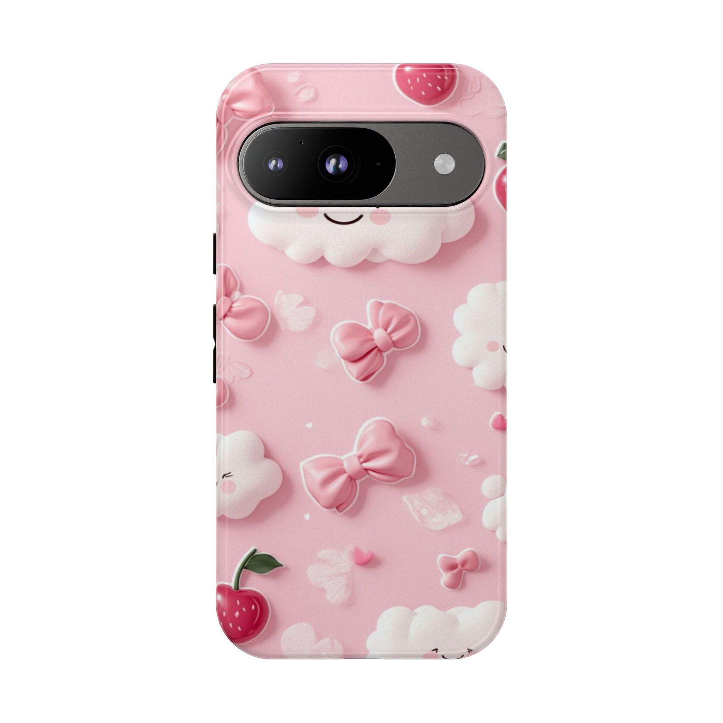 Cute Pink Kawaii Cloud and Cherry Phone Case - Tough Dual-Layer Cover with 3D Bows for iPhone 17, Samsung Galaxy & Pixel