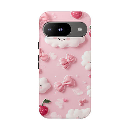 Cute Pink Kawaii Cloud and Cherry Phone Case - Tough Dual-Layer Cover with 3D Bows for iPhone 17, Samsung Galaxy & Pixel
