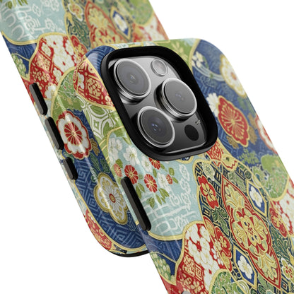 Vintage Japanese Kimono Floral Phone Case - Traditional Woven Pattern Tough Cover for iPhone 17, Samsung Galaxy & Google Pixel