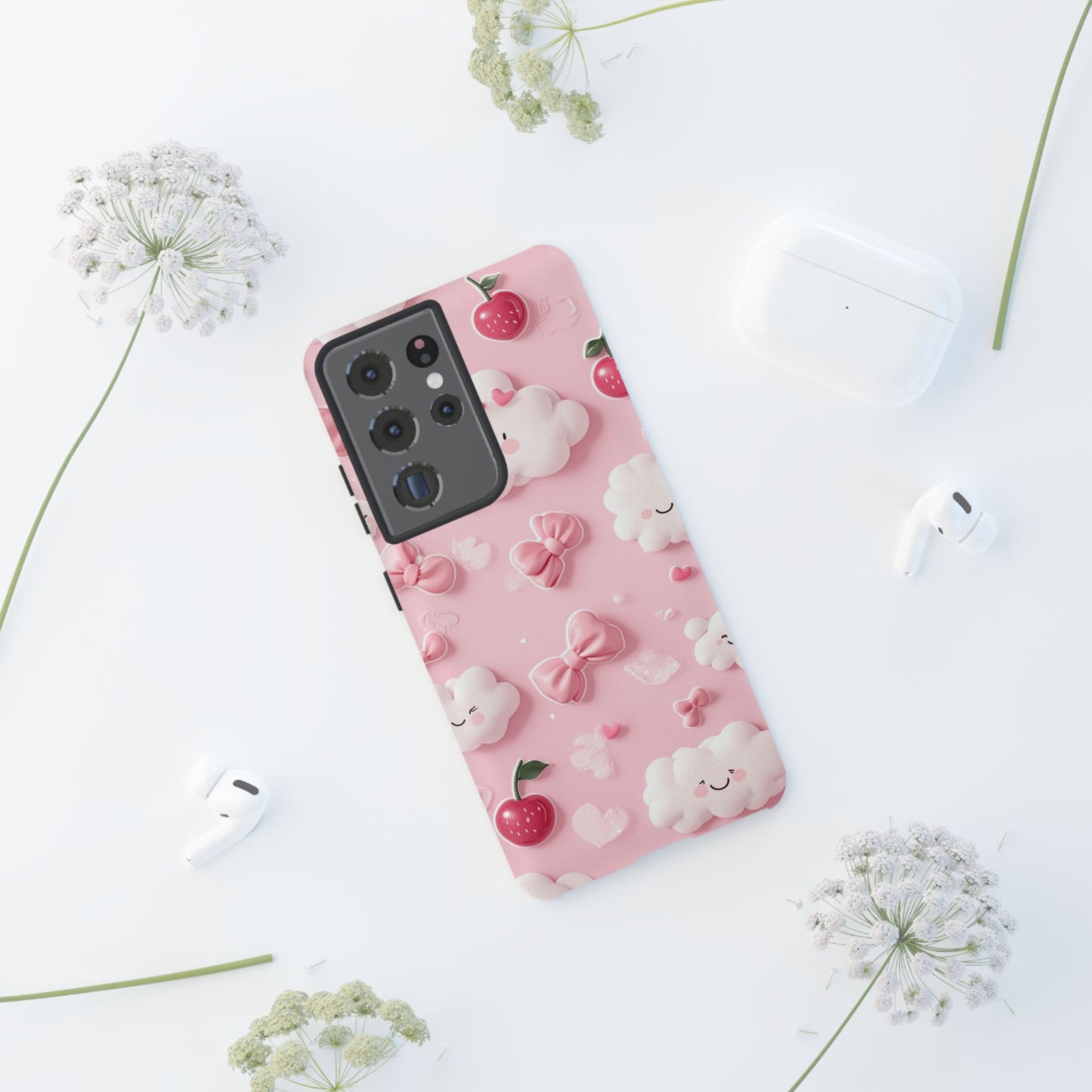 Cute Pink Kawaii Cloud and Cherry Phone Case - Tough Dual-Layer Cover with 3D Bows for iPhone 17, Samsung Galaxy & Pixel