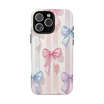 Pastel Ribbon Stripe Phone Case - Coquette Aesthetic Dual-Layer Bow Cover for iPhone 17, Samsung Galaxy & Google Pixel