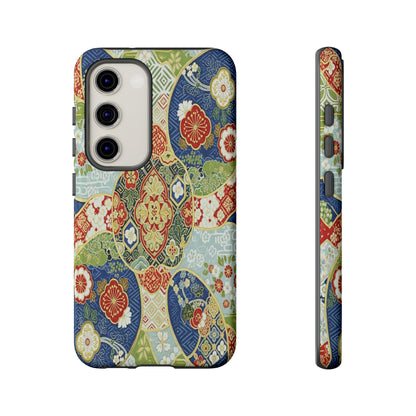 Vintage Japanese Kimono Floral Phone Case - Traditional Woven Pattern Tough Cover for iPhone 17, Samsung Galaxy & Google Pixel