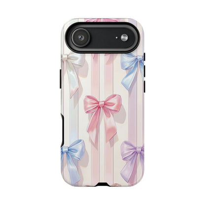 Pastel Ribbon Stripe Phone Case - Coquette Aesthetic Dual-Layer Bow Cover for iPhone 17, Samsung Galaxy & Google Pixel