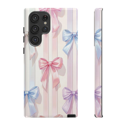 Pastel Ribbon Stripe Phone Case - Coquette Aesthetic Dual-Layer Bow Cover for iPhone 17, Samsung Galaxy & Google Pixel