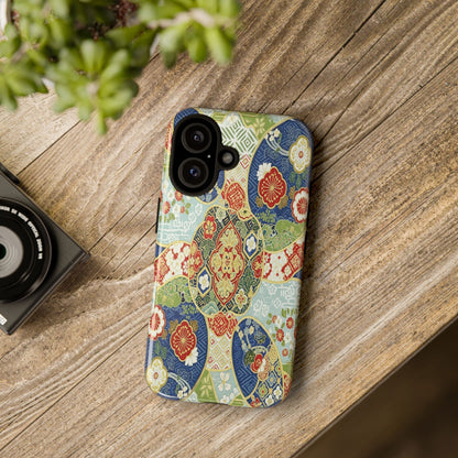 Vintage Japanese Kimono Floral Phone Case - Traditional Woven Pattern Tough Cover for iPhone 17, Samsung Galaxy & Google Pixel