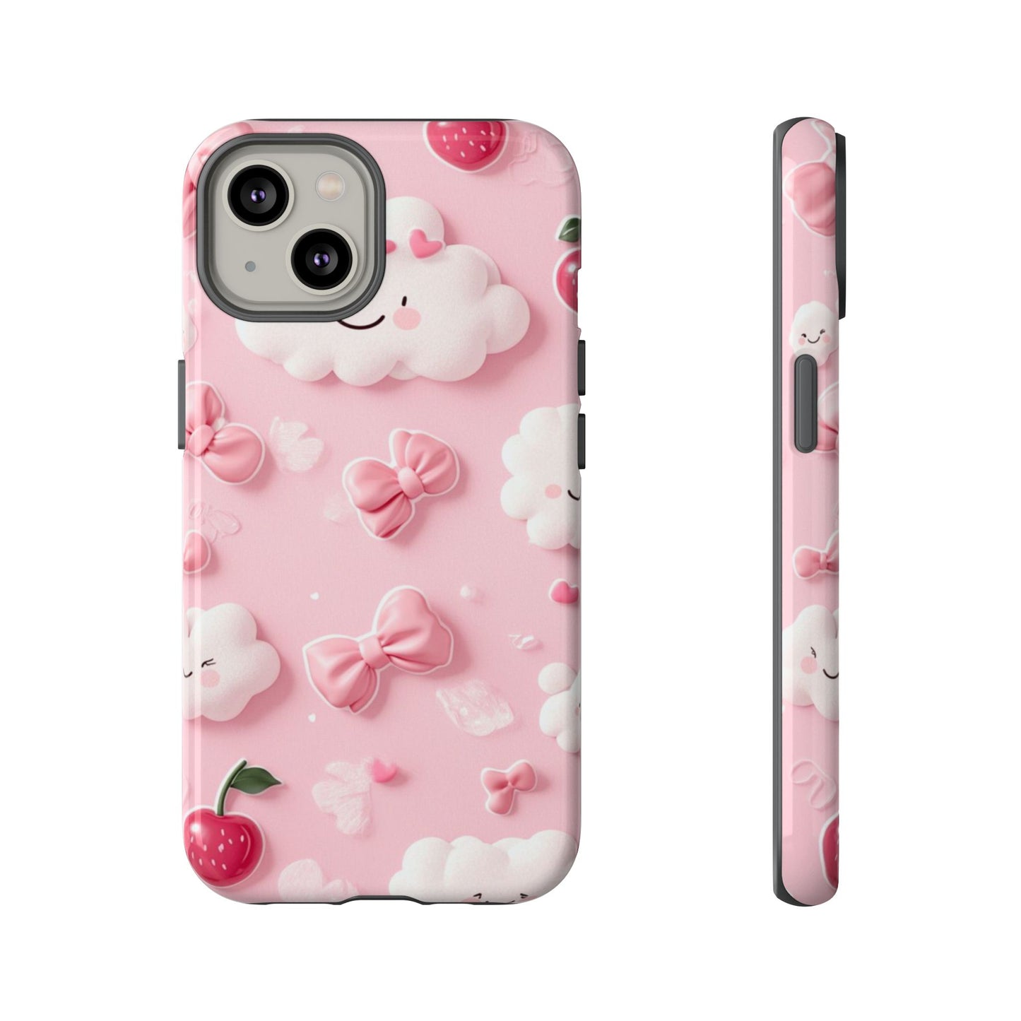 Cute Pink Kawaii Cloud and Cherry Phone Case - Tough Dual-Layer Cover with 3D Bows for iPhone 17, Samsung Galaxy & Pixel