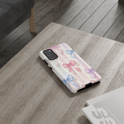 Pastel Ribbon Stripe Phone Case - Coquette Aesthetic Dual-Layer Bow Cover for iPhone 17, Samsung Galaxy & Google Pixel