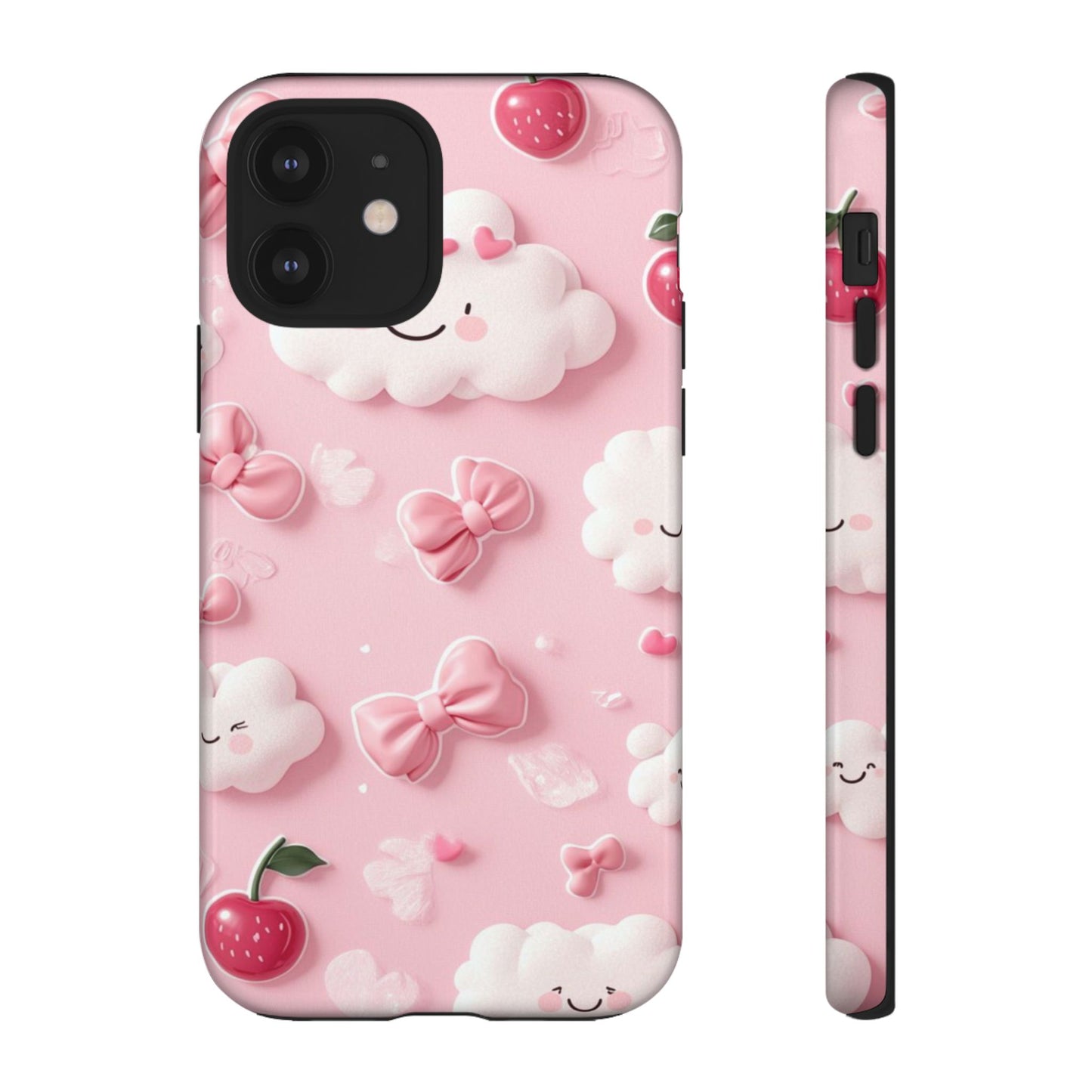 Cute Pink Kawaii Cloud and Cherry Phone Case - Tough Dual-Layer Cover with 3D Bows for iPhone 17, Samsung Galaxy & Pixel