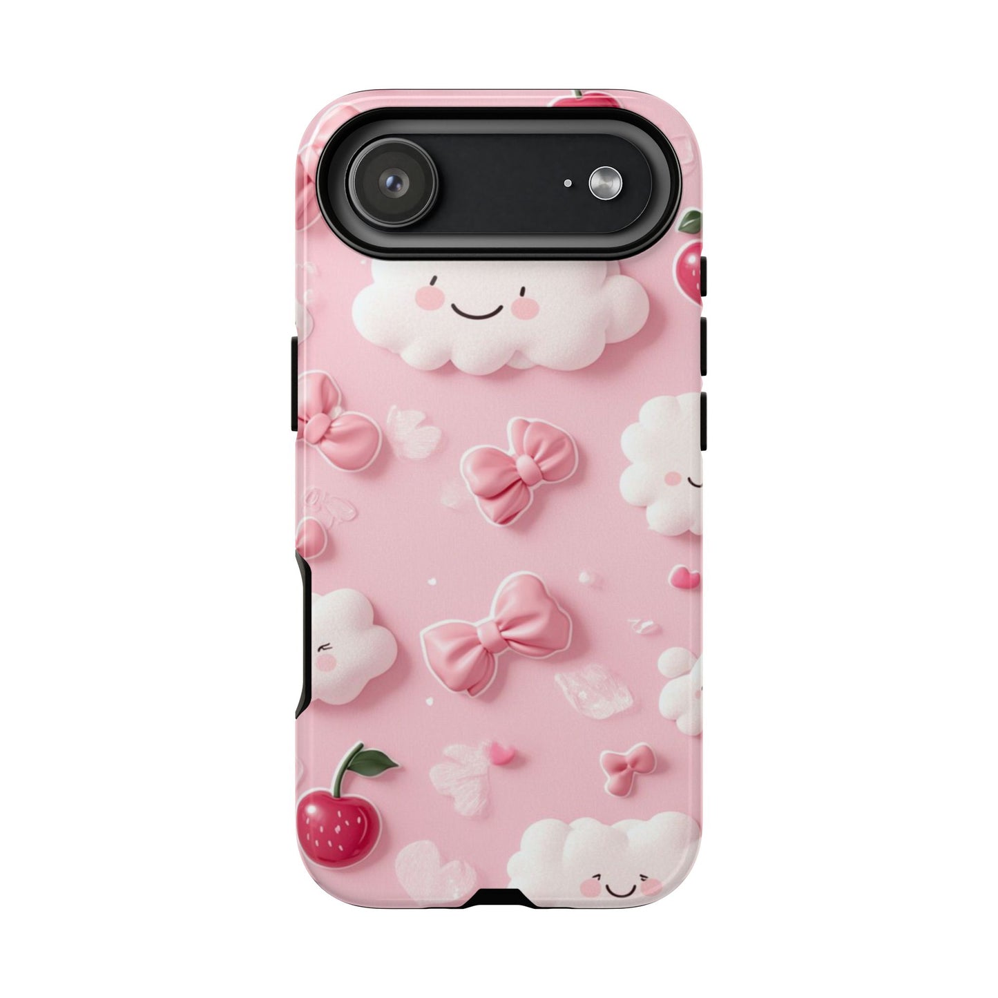 Cute Pink Kawaii Cloud and Cherry Phone Case - Tough Dual-Layer Cover with 3D Bows for iPhone 17, Samsung Galaxy & Pixel