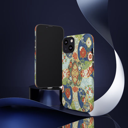 Vintage Japanese Kimono Floral Phone Case - Traditional Woven Pattern Tough Cover for iPhone 17, Samsung Galaxy & Google Pixel