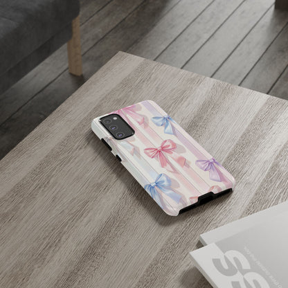 Pastel Ribbon Stripe Phone Case - Coquette Aesthetic Dual-Layer Bow Cover for iPhone 17, Samsung Galaxy & Google Pixel