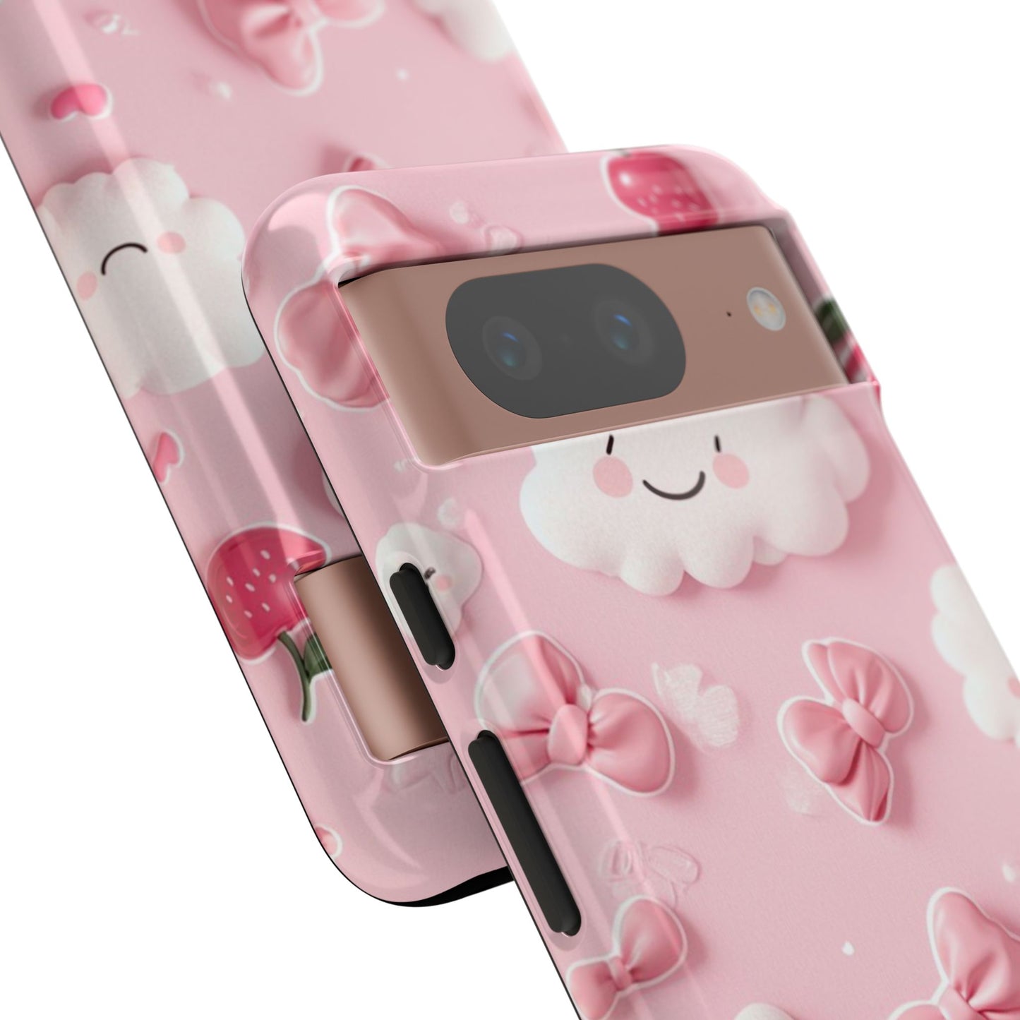 Cute Pink Kawaii Cloud and Cherry Phone Case - Tough Dual-Layer Cover with 3D Bows for iPhone 17, Samsung Galaxy & Pixel