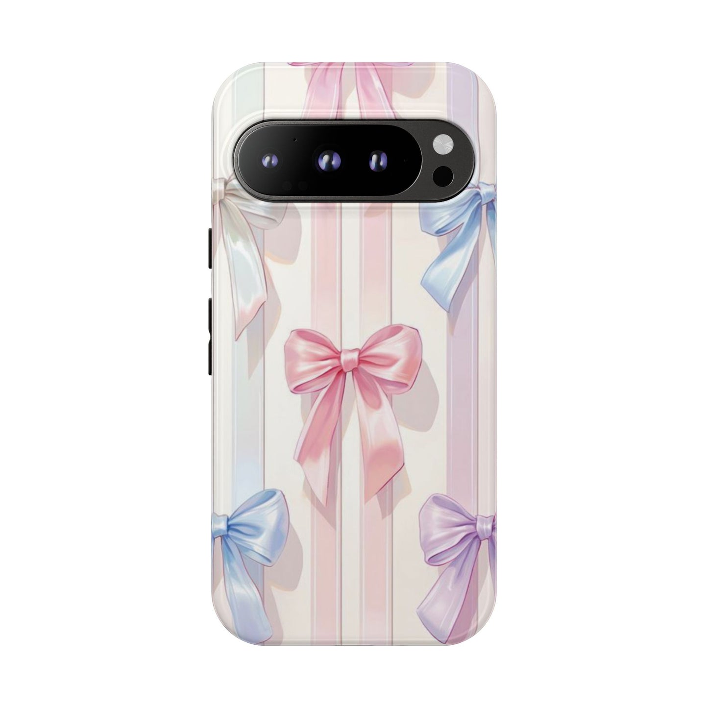 Pastel Ribbon Stripe Phone Case - Coquette Aesthetic Dual-Layer Bow Cover for iPhone 17, Samsung Galaxy & Google Pixel