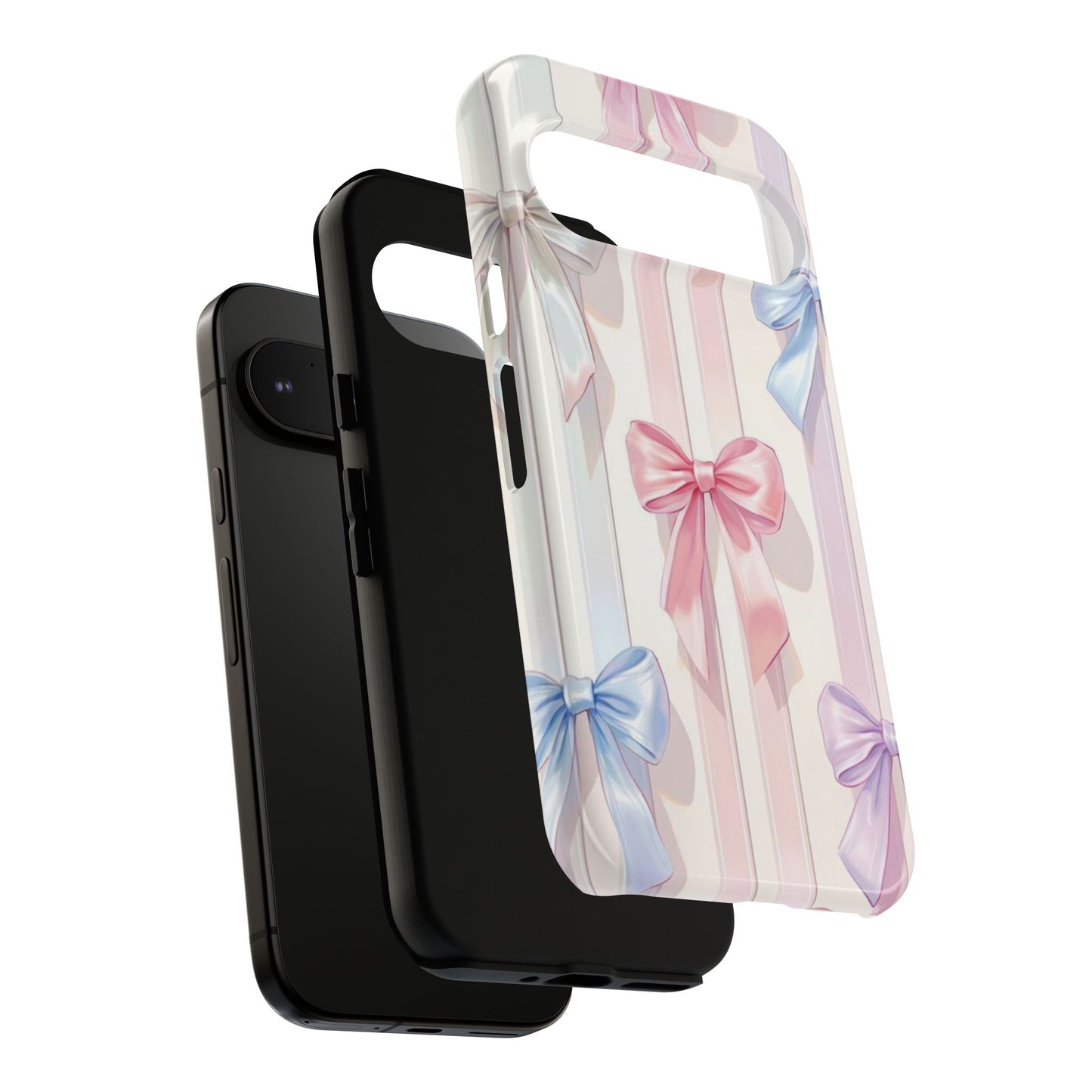 Pastel Ribbon Stripe Phone Case - Coquette Aesthetic Dual-Layer Bow Cover for iPhone 17, Samsung Galaxy & Google Pixel