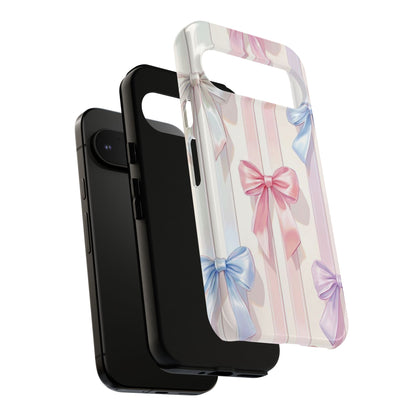 Pastel Ribbon Stripe Phone Case - Coquette Aesthetic Dual-Layer Bow Cover for iPhone 17, Samsung Galaxy & Google Pixel