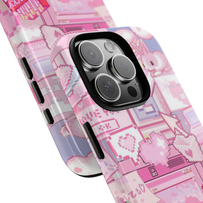 Pink Pixel Art Tough Phone Case – Y2K Style Dual-Layer Protection (Matte/Glossy) for iPhone 17, Samsung Galaxy & Google Pixel