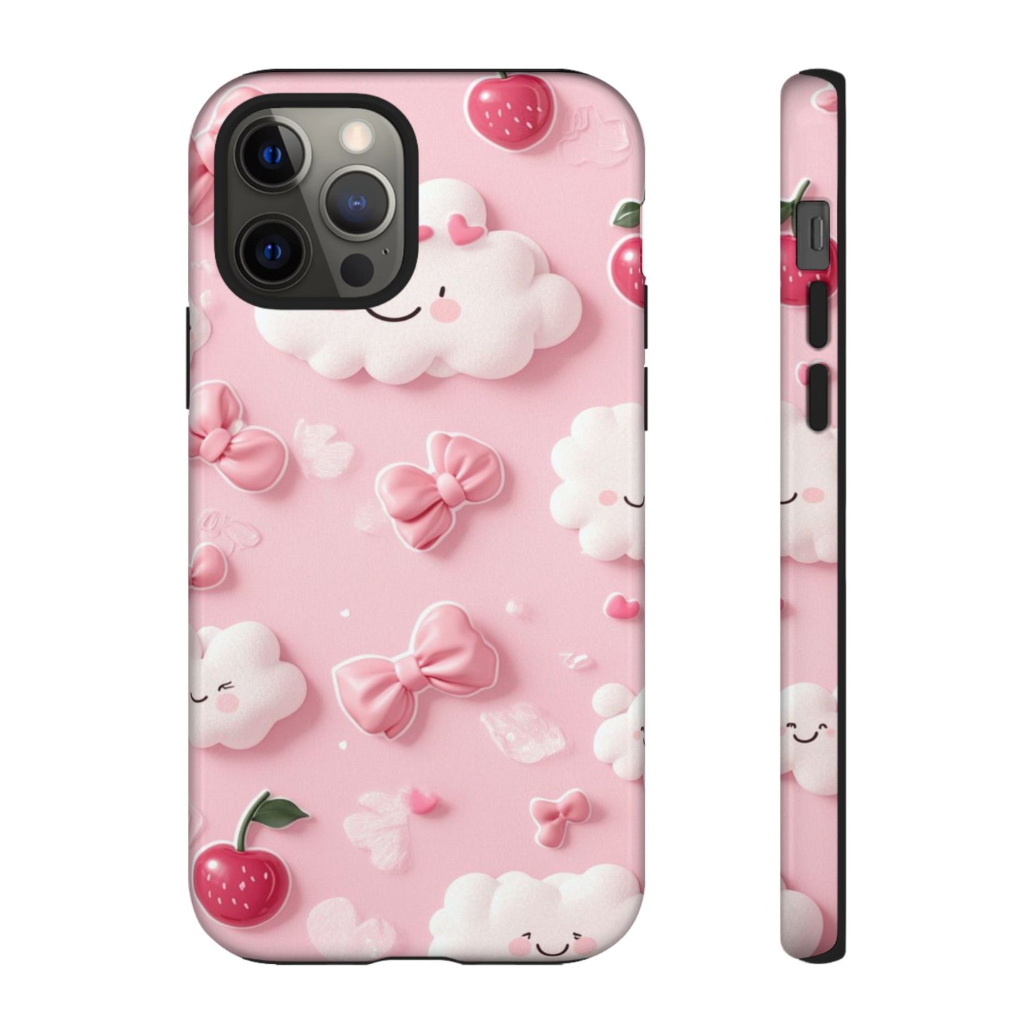 Cute Pink Kawaii Cloud and Cherry Phone Case - Tough Dual-Layer Cover with 3D Bows for iPhone 17, Samsung Galaxy & Pixel
