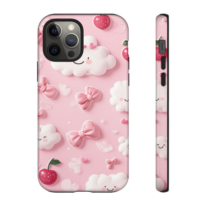 Cute Pink Kawaii Cloud and Cherry Phone Case - Tough Dual-Layer Cover with 3D Bows for iPhone 17, Samsung Galaxy & Pixel