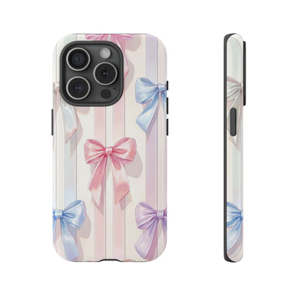 Pastel Ribbon Stripe Phone Case - Coquette Aesthetic Dual-Layer Bow Cover for iPhone 17, Samsung Galaxy & Google Pixel