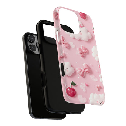 Cute Pink Kawaii Cloud and Cherry Phone Case - Tough Dual-Layer Cover with 3D Bows for iPhone 17, Samsung Galaxy & Pixel