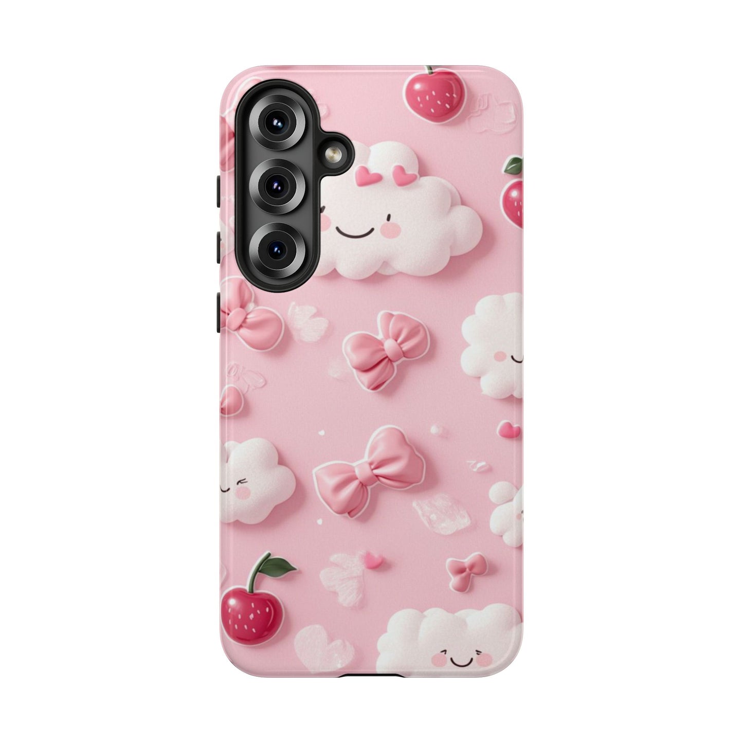 Cute Pink Kawaii Cloud and Cherry Phone Case - Tough Dual-Layer Cover with 3D Bows for iPhone 17, Samsung Galaxy & Pixel
