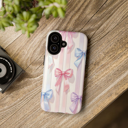 Pastel Ribbon Stripe Phone Case - Coquette Aesthetic Dual-Layer Bow Cover for iPhone 17, Samsung Galaxy & Google Pixel