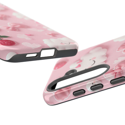 Cute Pink Kawaii Cloud and Cherry Phone Case - Tough Dual-Layer Cover with 3D Bows for iPhone 17, Samsung Galaxy & Pixel