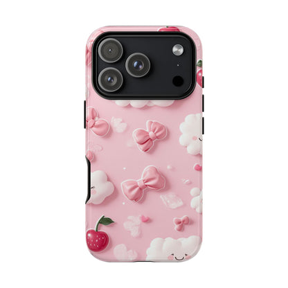 Cute Pink Kawaii Cloud and Cherry Phone Case - Tough Dual-Layer Cover with 3D Bows for iPhone 17, Samsung Galaxy & Pixel