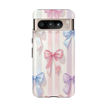 Pastel Ribbon Stripe Phone Case - Coquette Aesthetic Dual-Layer Bow Cover for iPhone 17, Samsung Galaxy & Google Pixel