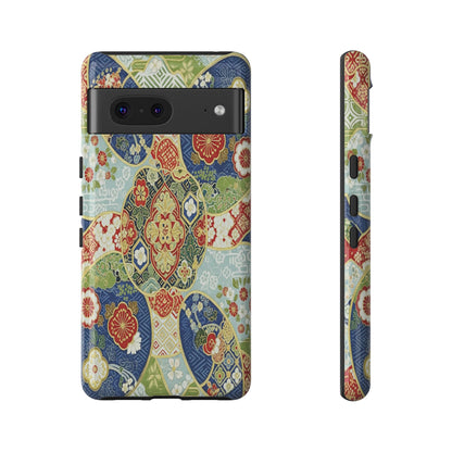 Vintage Japanese Kimono Floral Phone Case - Traditional Woven Pattern Tough Cover for iPhone 17, Samsung Galaxy & Google Pixel
