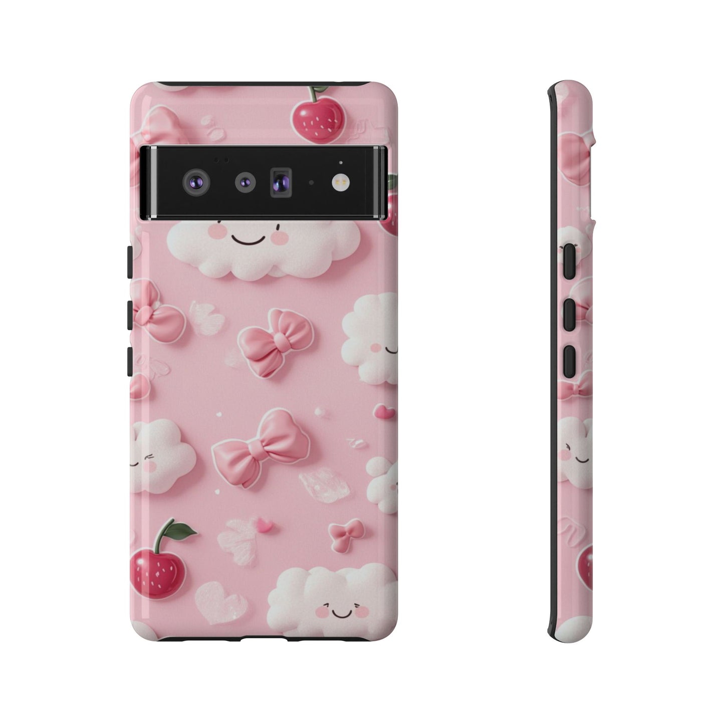 Cute Pink Kawaii Cloud and Cherry Phone Case - Tough Dual-Layer Cover with 3D Bows for iPhone 17, Samsung Galaxy & Pixel