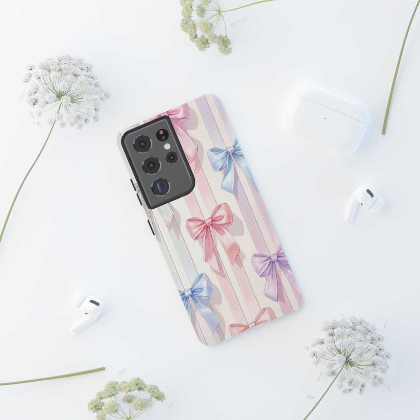 Pastel Ribbon Stripe Phone Case - Coquette Aesthetic Dual-Layer Bow Cover for iPhone 17, Samsung Galaxy & Google Pixel