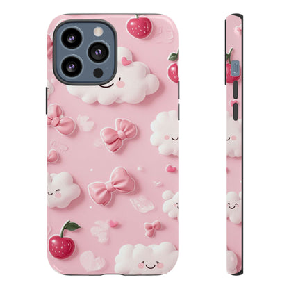 Cute Pink Kawaii Cloud and Cherry Phone Case - Tough Dual-Layer Cover with 3D Bows for iPhone 17, Samsung Galaxy & Pixel
