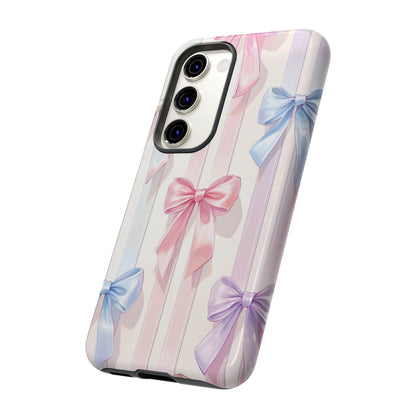 Pastel Ribbon Stripe Phone Case - Coquette Aesthetic Dual-Layer Bow Cover for iPhone 17, Samsung Galaxy & Google Pixel