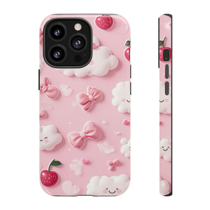 Cute Pink Kawaii Cloud and Cherry Phone Case - Tough Dual-Layer Cover with 3D Bows for iPhone 17, Samsung Galaxy & Pixel