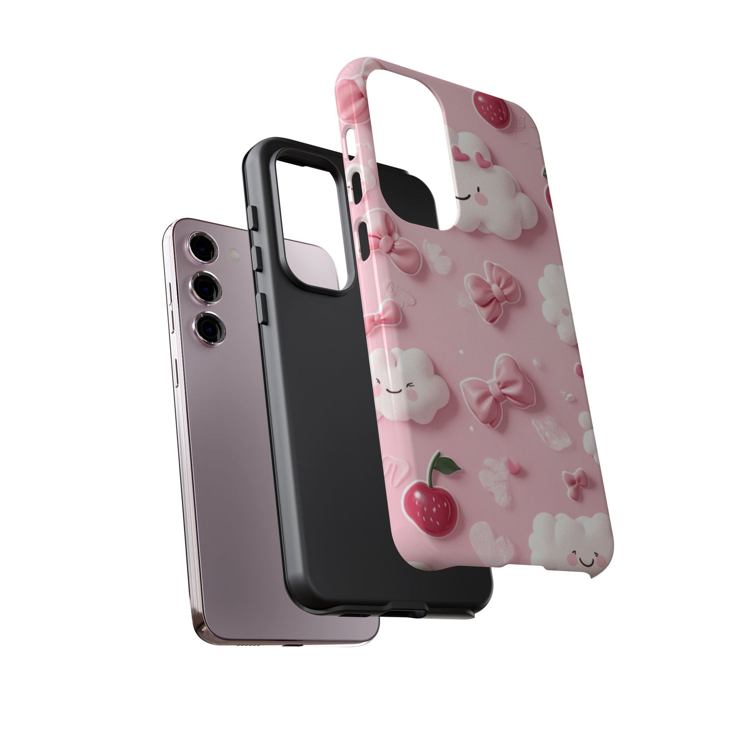 Cute Pink Kawaii Cloud and Cherry Phone Case - Tough Dual-Layer Cover with 3D Bows for iPhone 17, Samsung Galaxy & Pixel