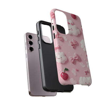 Cute Pink Kawaii Cloud and Cherry Phone Case - Tough Dual-Layer Cover with 3D Bows for iPhone 17, Samsung Galaxy & Pixel