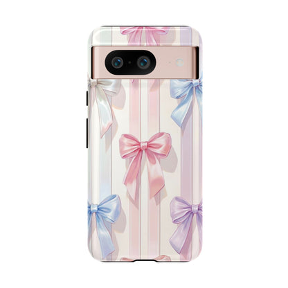 Pastel Ribbon Stripe Phone Case - Coquette Aesthetic Dual-Layer Bow Cover for iPhone 17, Samsung Galaxy & Google Pixel