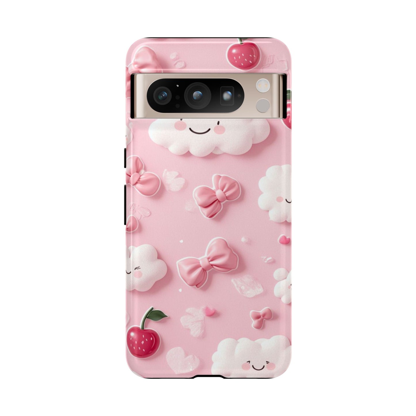 Cute Pink Kawaii Cloud and Cherry Phone Case - Tough Dual-Layer Cover with 3D Bows for iPhone 17, Samsung Galaxy & Pixel