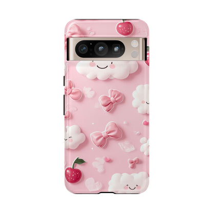 Cute Pink Kawaii Cloud and Cherry Phone Case - Tough Dual-Layer Cover with 3D Bows for iPhone 17, Samsung Galaxy & Pixel