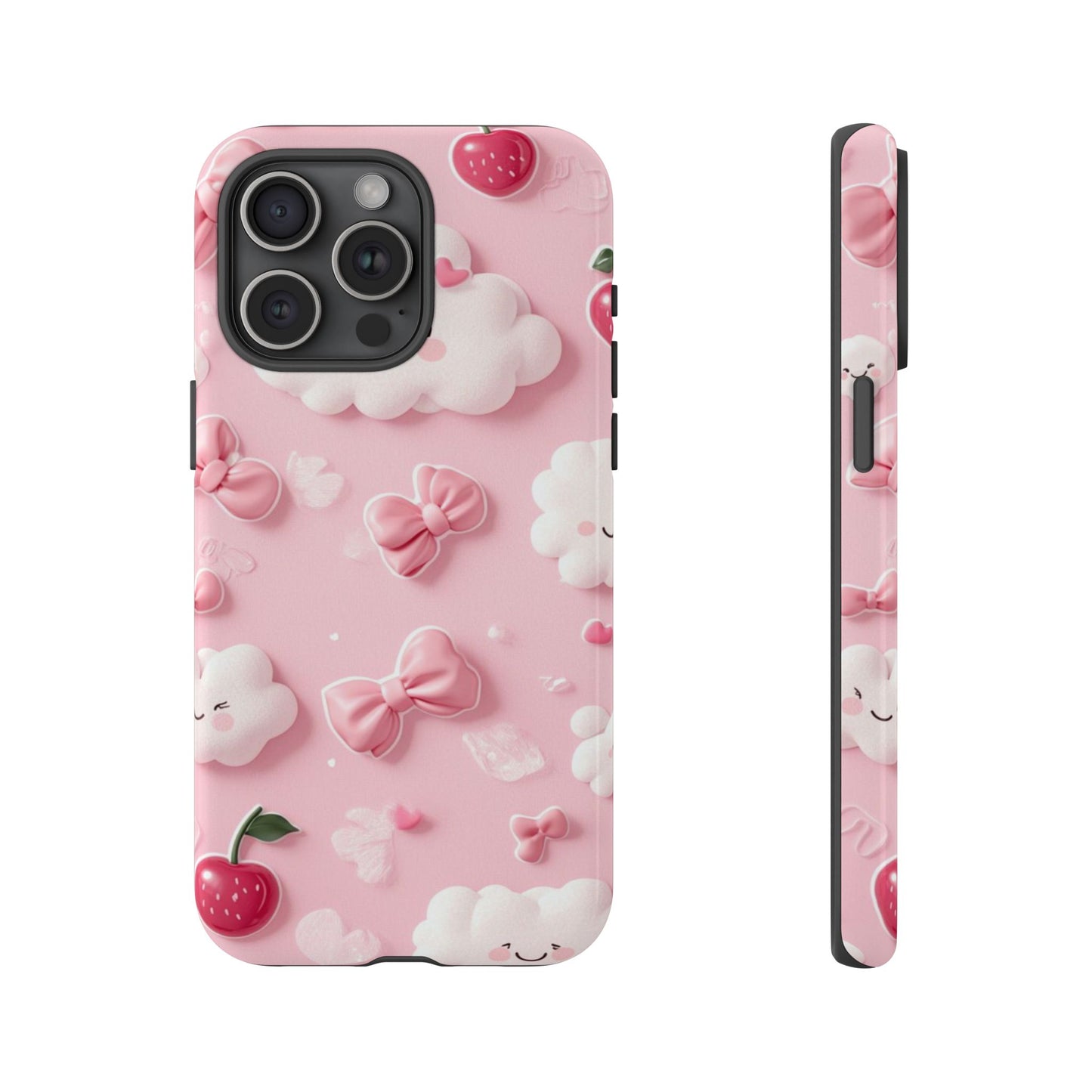 Cute Pink Kawaii Cloud and Cherry Phone Case - Tough Dual-Layer Cover with 3D Bows for iPhone 17, Samsung Galaxy & Pixel