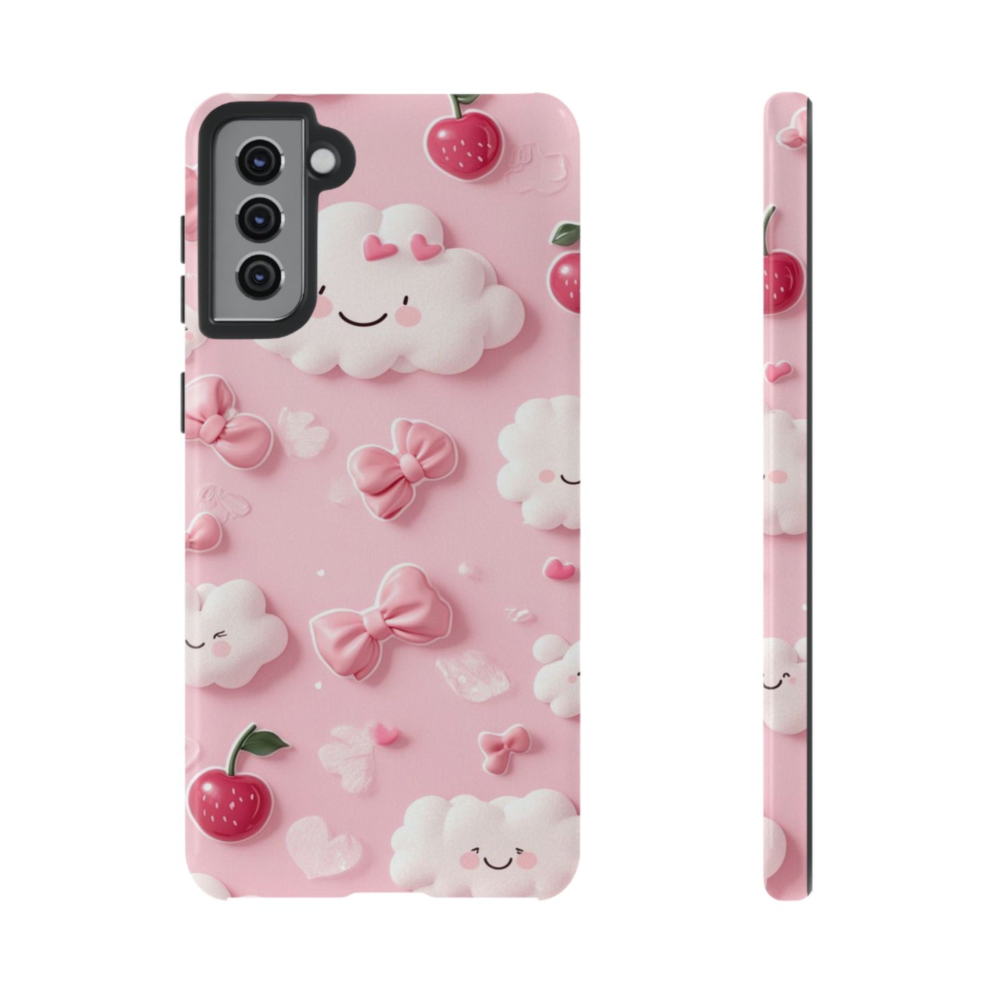 Cute Pink Kawaii Cloud and Cherry Phone Case - Tough Dual-Layer Cover with 3D Bows for iPhone 17, Samsung Galaxy & Pixel