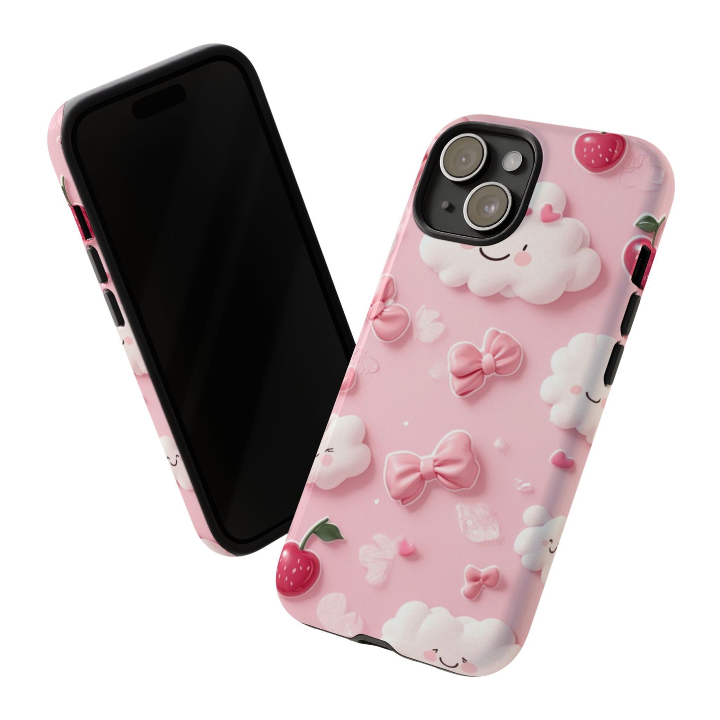 Cute Pink Kawaii Cloud and Cherry Phone Case - Tough Dual-Layer Cover with 3D Bows for iPhone 17, Samsung Galaxy & Pixel