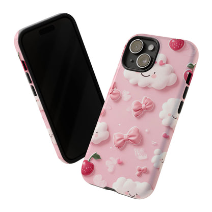 Cute Pink Kawaii Cloud and Cherry Phone Case - Tough Dual-Layer Cover with 3D Bows for iPhone 17, Samsung Galaxy & Pixel