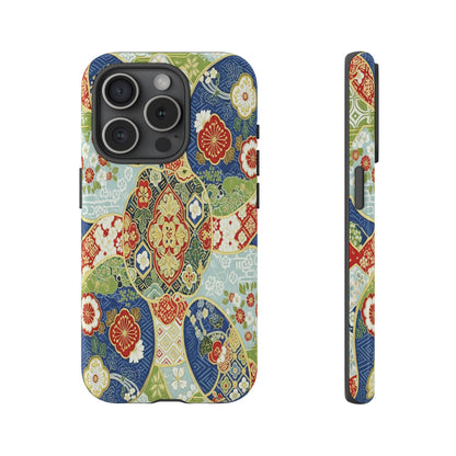 Vintage Japanese Kimono Floral Phone Case - Traditional Woven Pattern Tough Cover for iPhone 17, Samsung Galaxy & Google Pixel