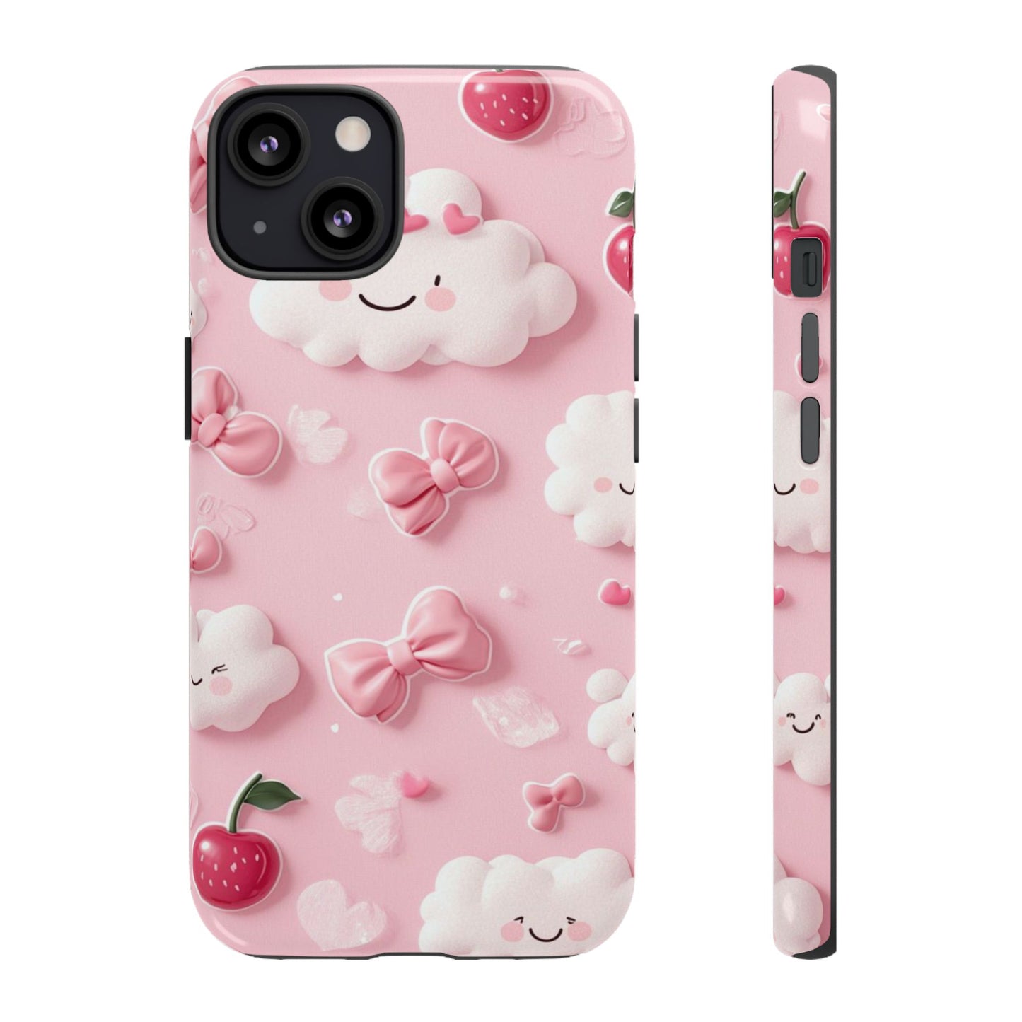 Cute Pink Kawaii Cloud and Cherry Phone Case - Tough Dual-Layer Cover with 3D Bows for iPhone 17, Samsung Galaxy & Pixel