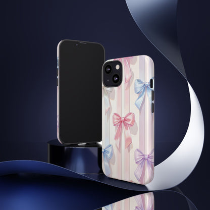 Pastel Ribbon Stripe Phone Case - Coquette Aesthetic Dual-Layer Bow Cover for iPhone 17, Samsung Galaxy & Google Pixel