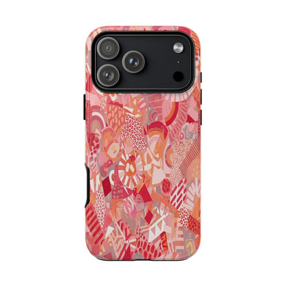 Vibrant Abstract Art Phone Case - Red Pink Geometric Collage Tough Cover for iPhone 17, Samsung Galaxy & Google Pixel