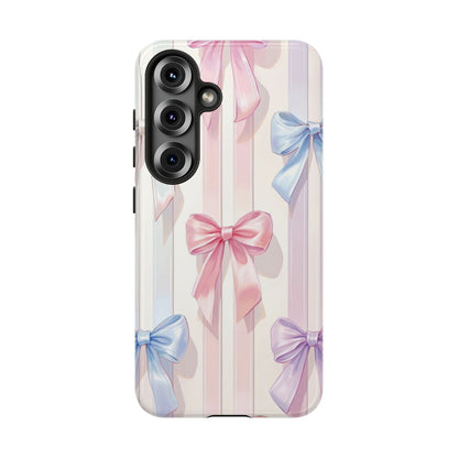 Pastel Ribbon Stripe Phone Case - Coquette Aesthetic Dual-Layer Bow Cover for iPhone 17, Samsung Galaxy & Google Pixel